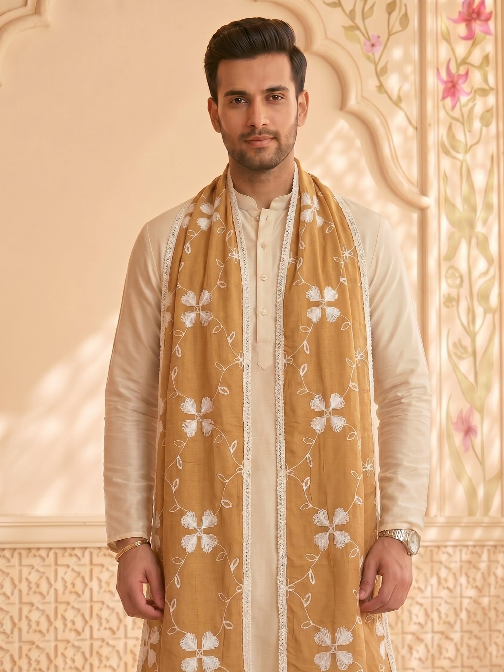 Pure Cotton Self Embroidery Dupatta for Men | Sand Beige - view 4