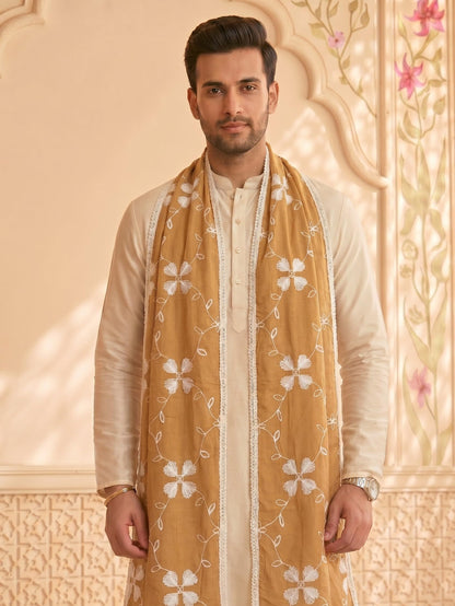 Pure Cotton Self Embroidery Dupatta for Men | Sand Beige - view 4