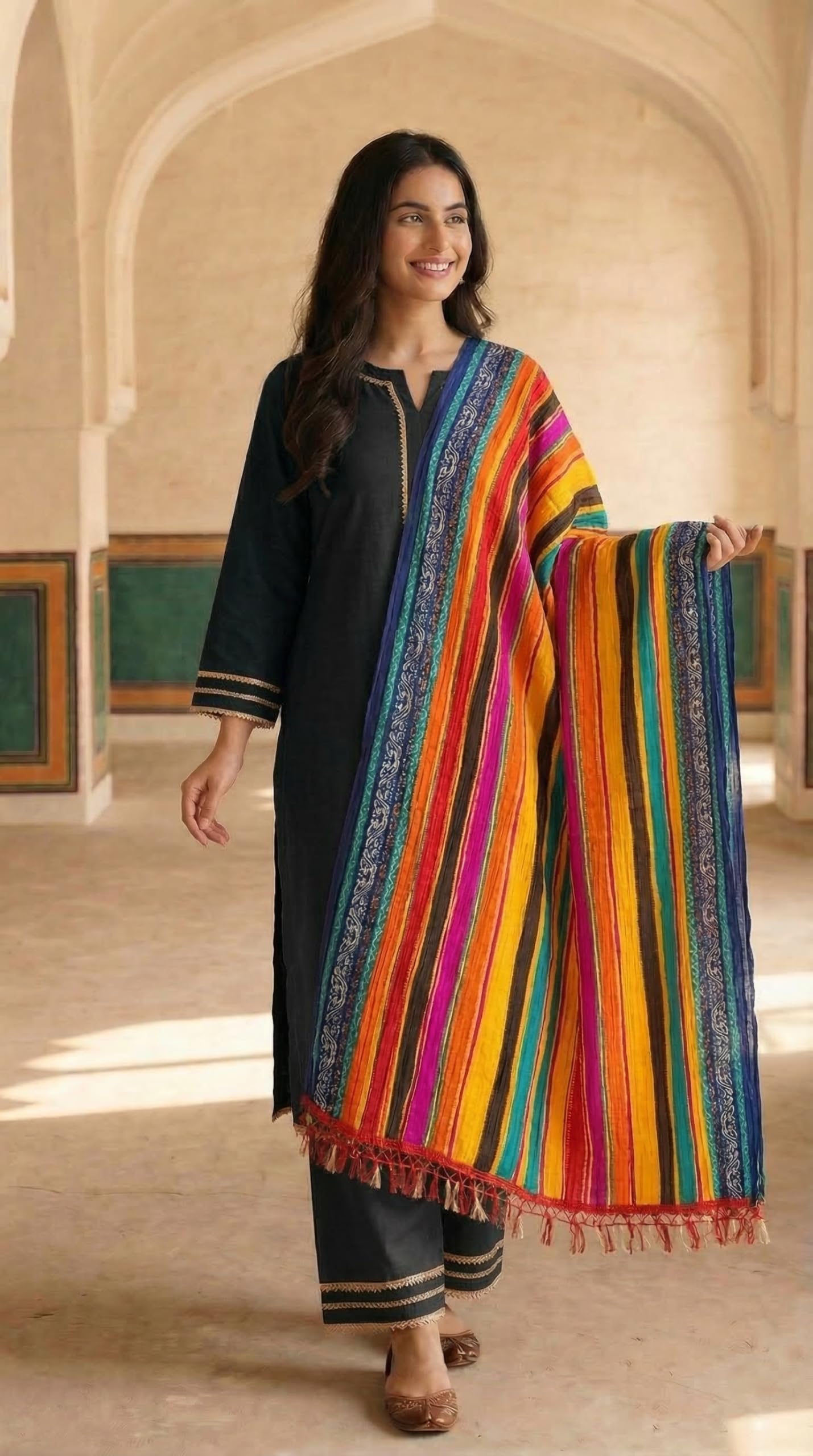 Chinnon Bandhani Dupatta for Women | Multicolor Lines