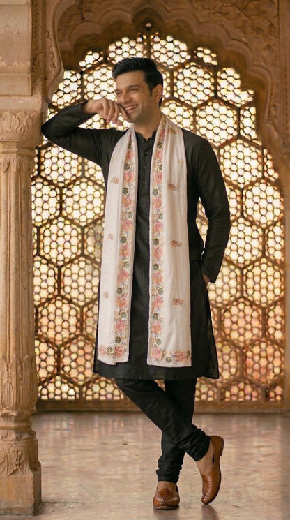 Rayon Floral Embroidery Dupatta for Men | White
