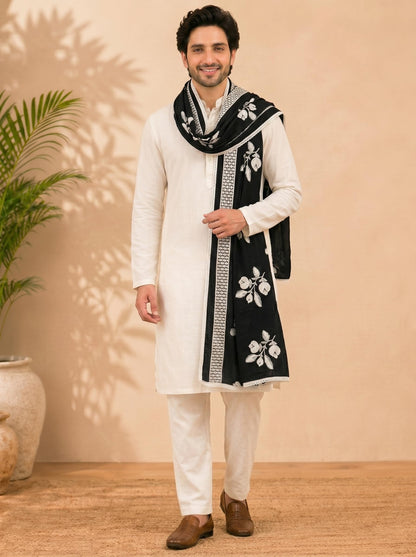 Pure Cotton Floral Embroidered Dupatta for Men | Black - view 2