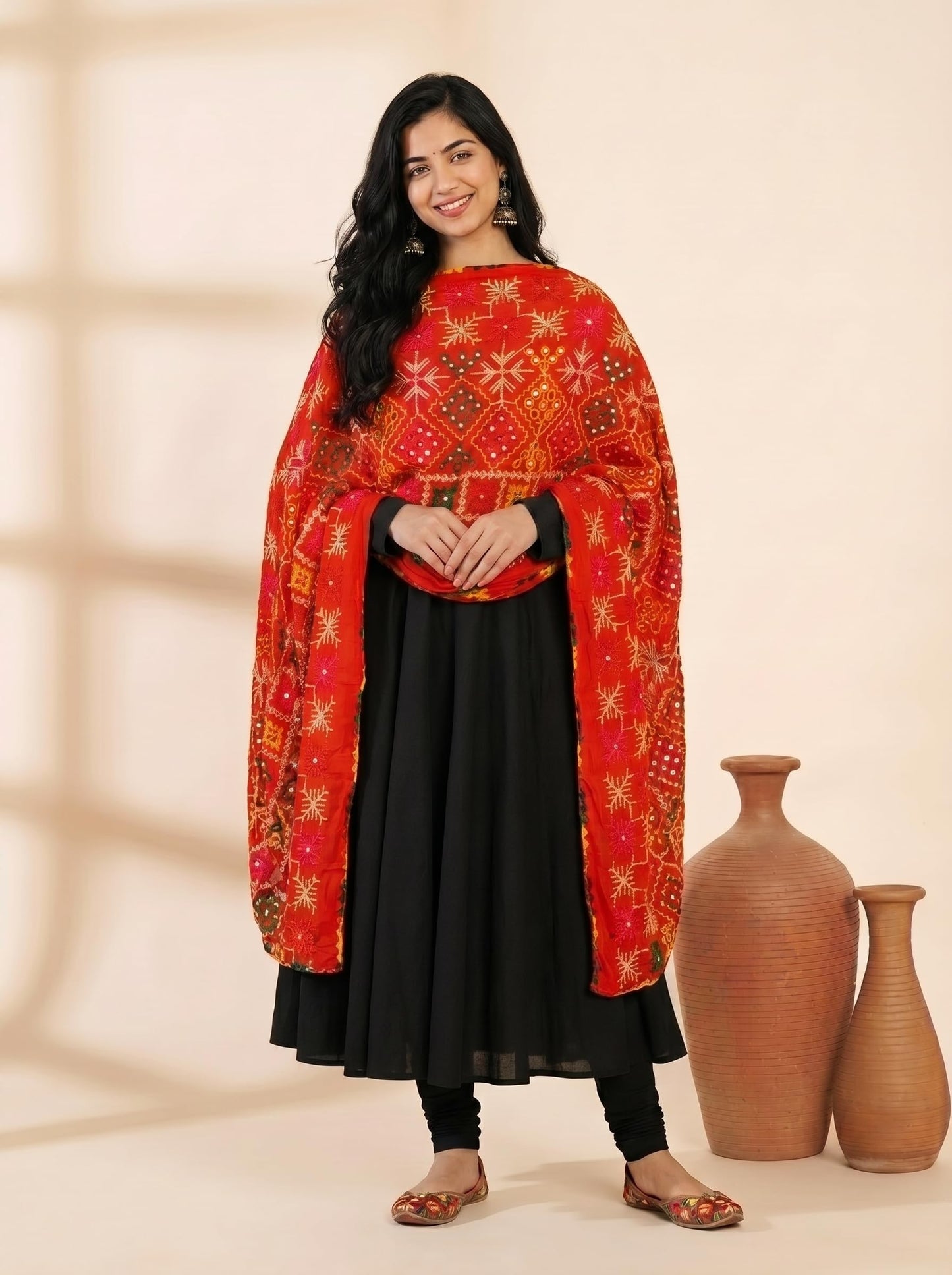 Pure Cotton Phulkari Embroidered Dupatta for Women | Red - view 4