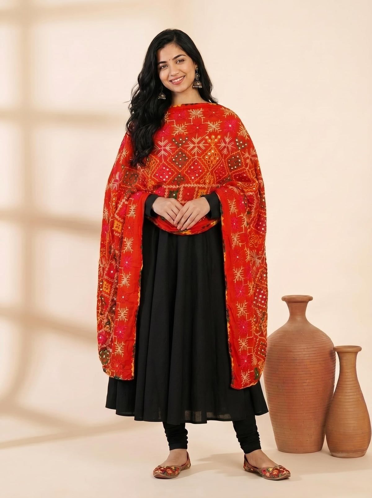 Pure Cotton Phulkari Embroidered Dupatta for Women | Red - view 4