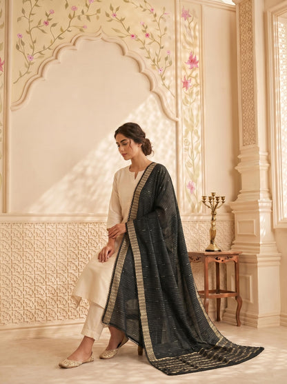 Zari Woven Chanderi Cotton Dupatta for Women | Black - view 4