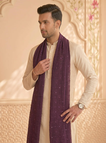 Floral Self Embroidered Chanderi Cotton Dupatta for Men | Purple - view 2