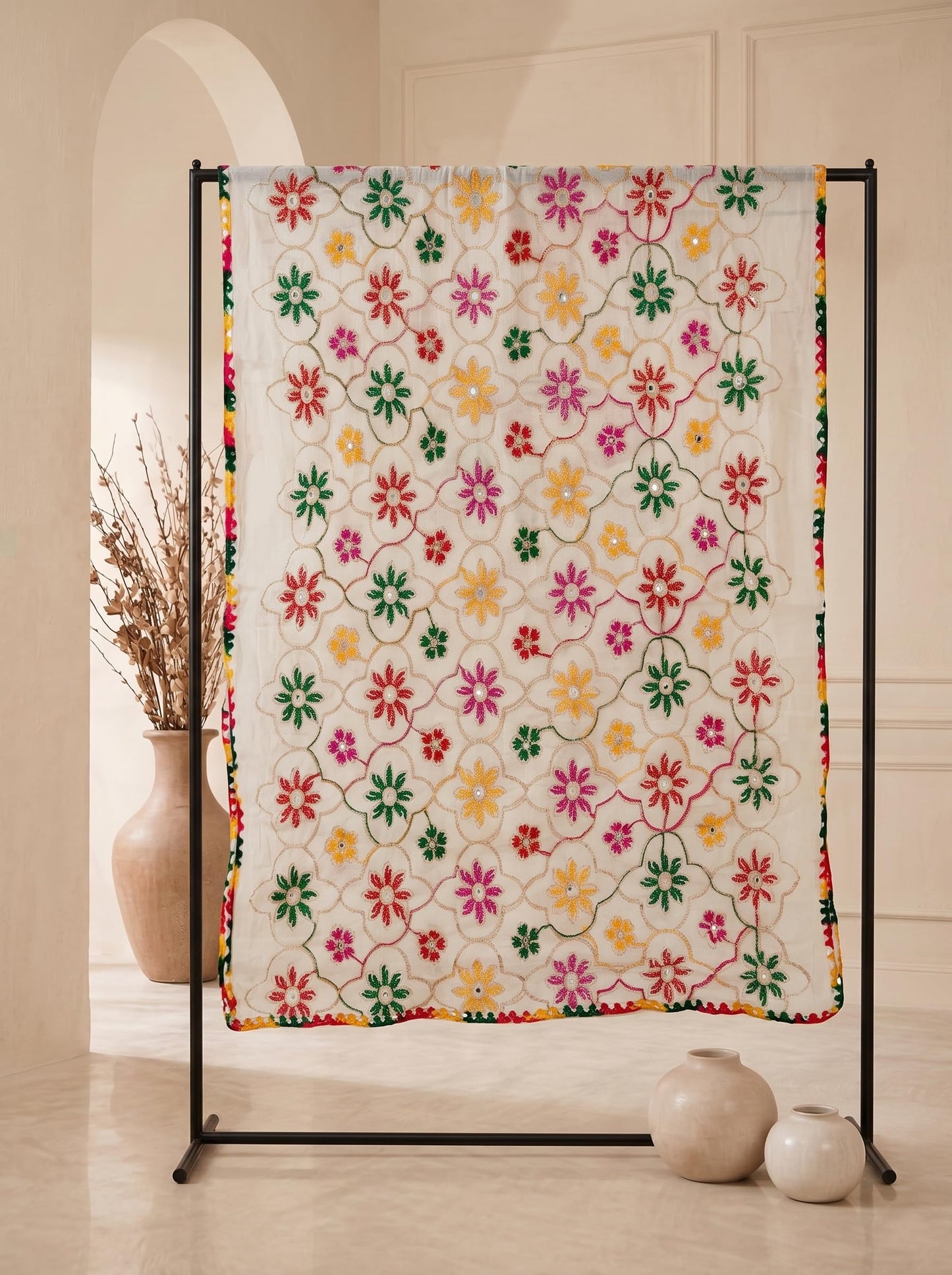 Pure Cotton Embroidered Phulkari Dupatta for Men | White - view 6