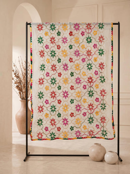 Pure Cotton Embroidered Phulkari Dupatta for Men | White - view 6