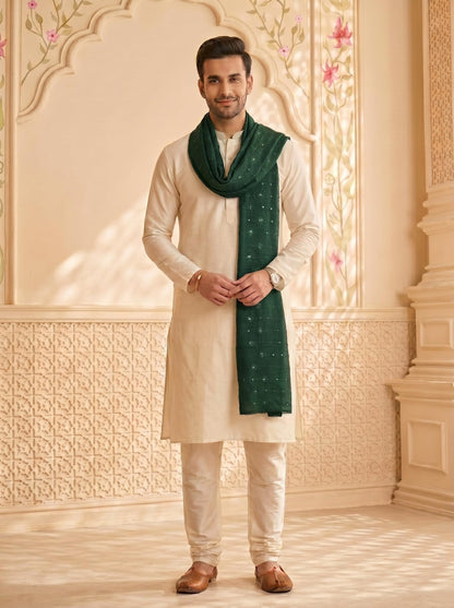 Floral Self Embroidered Chanderi Cotton Dupatta for Men | Bottle Green - view 2