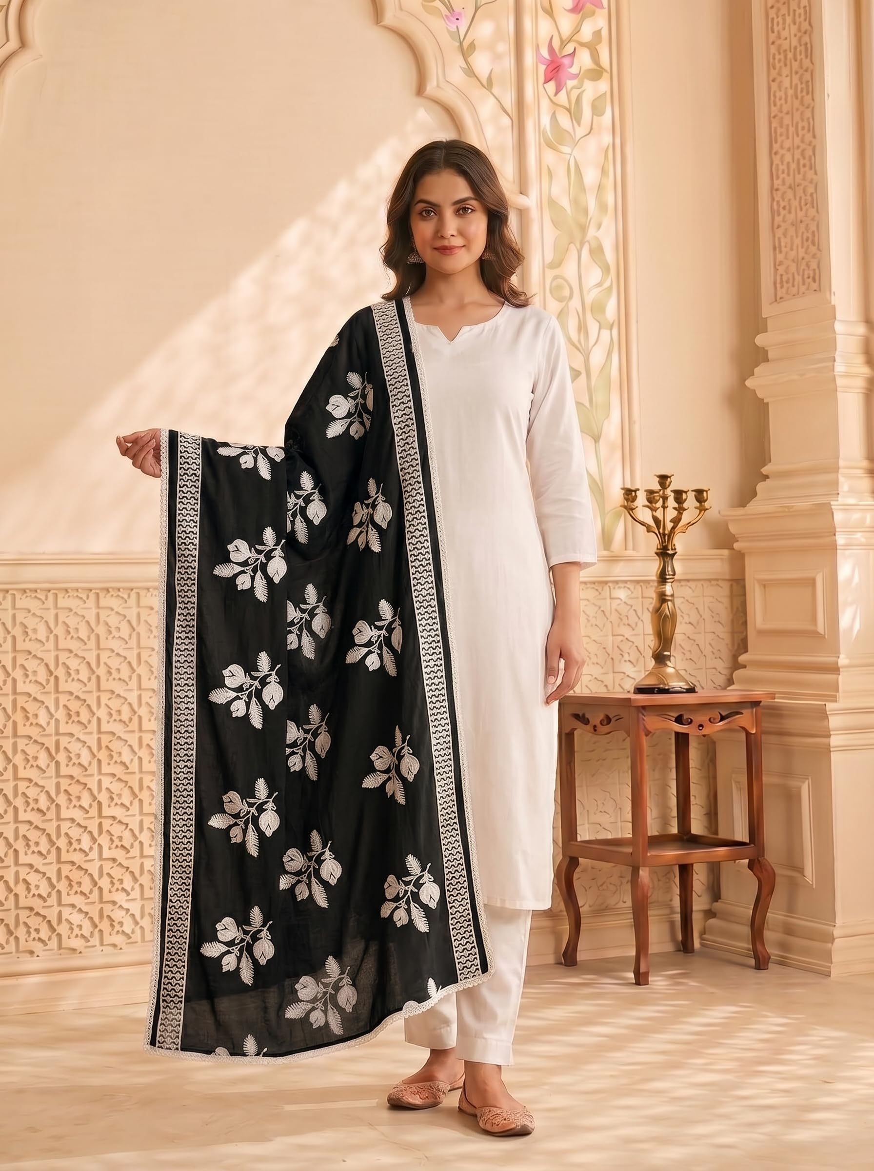 Pure Cotton Floral Embroidered Dupatta for Women | Black