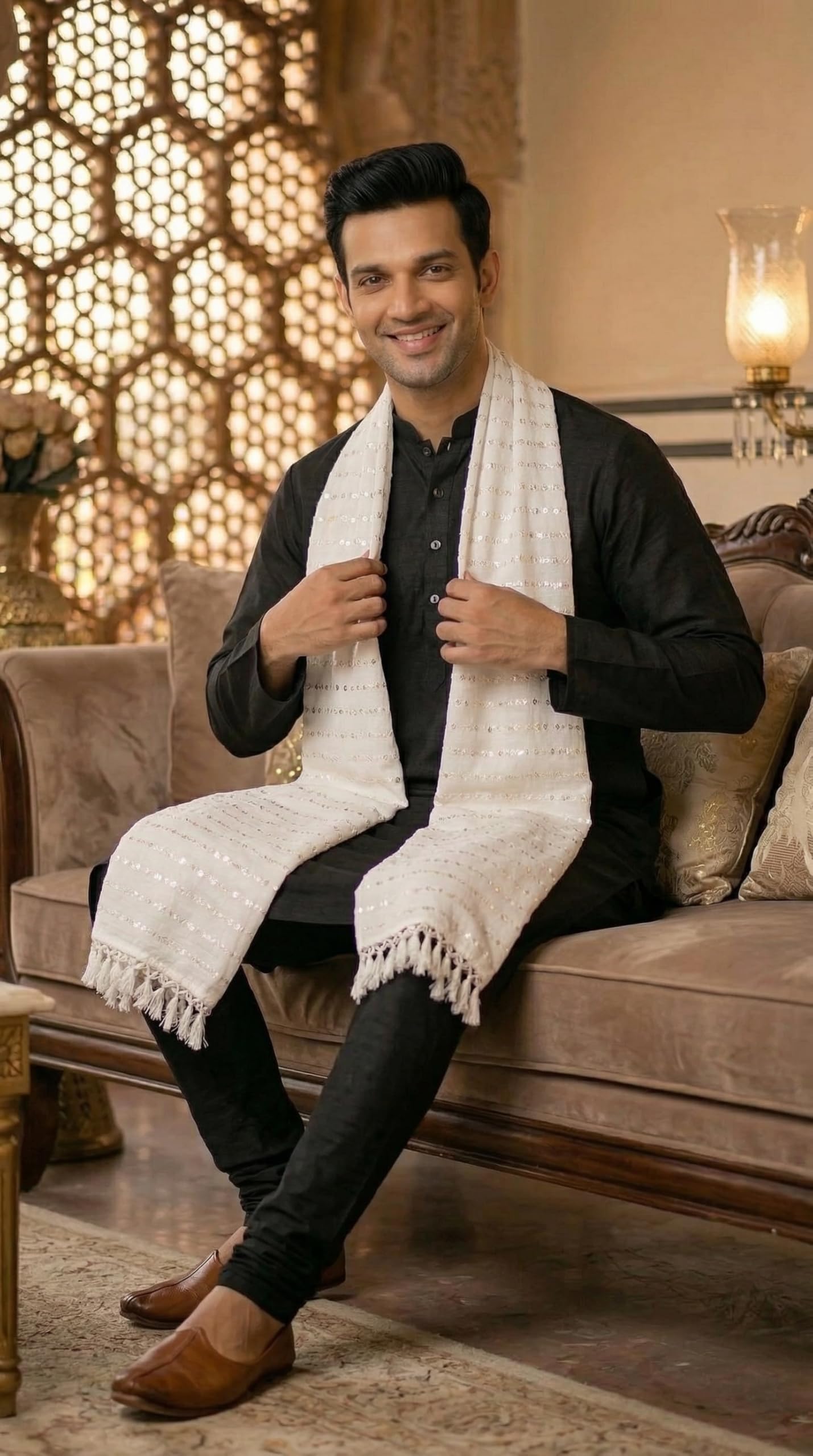 Pure Cotton Embroidered Dupatta for Men with Sequin | White - view 4