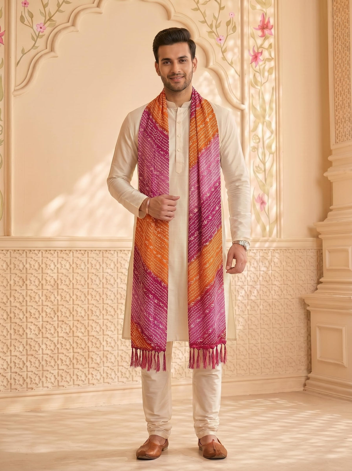 Chinnon Bandhani Dupatta for Men | Pink Orange