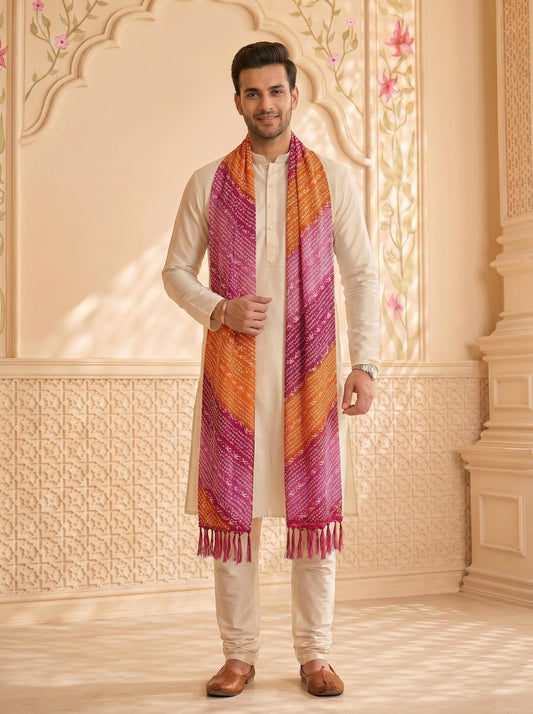 Chinnon Bandhani Dupatta for Men | Pink Orange