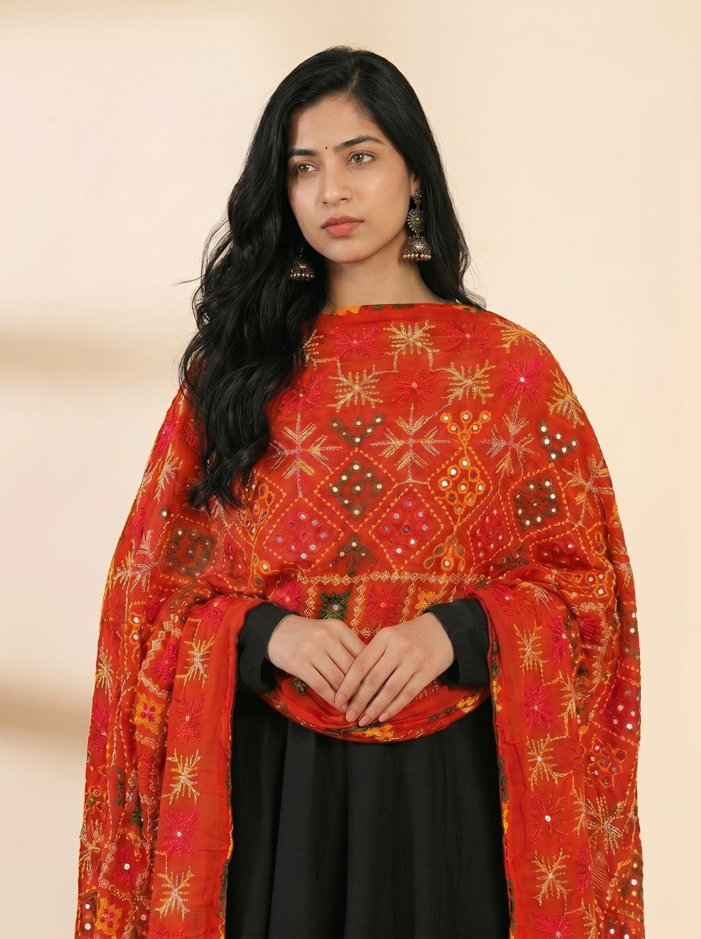 Pure Cotton Phulkari Embroidered Dupatta for Women | Red - view 5