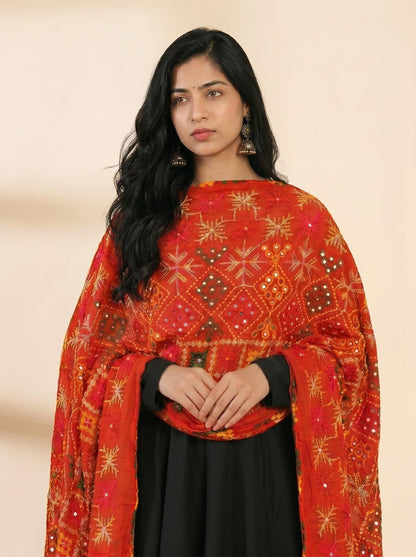 Pure Cotton Phulkari Embroidered Dupatta for Women | Red - view 5