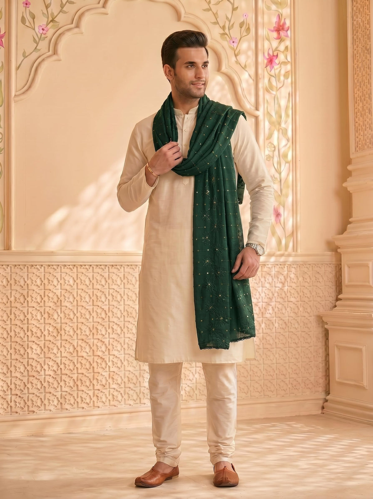 Floral Self Embroidered Chanderi Cotton Dupatta for Men | Bottle Green - view 3