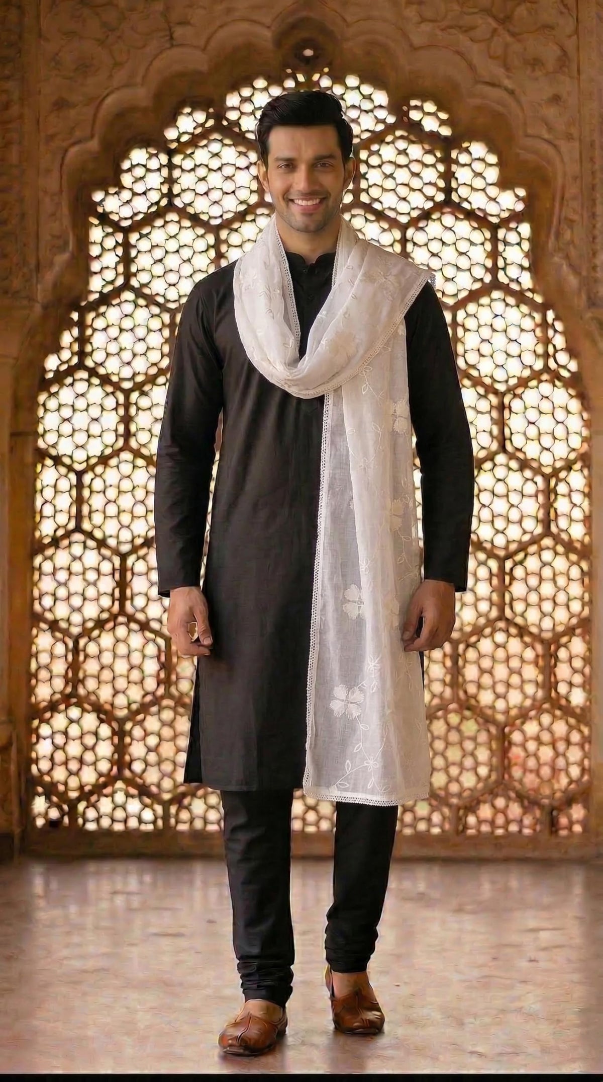 Pure Cotton Self Embroidery Dupatta for Men | White - view 2
