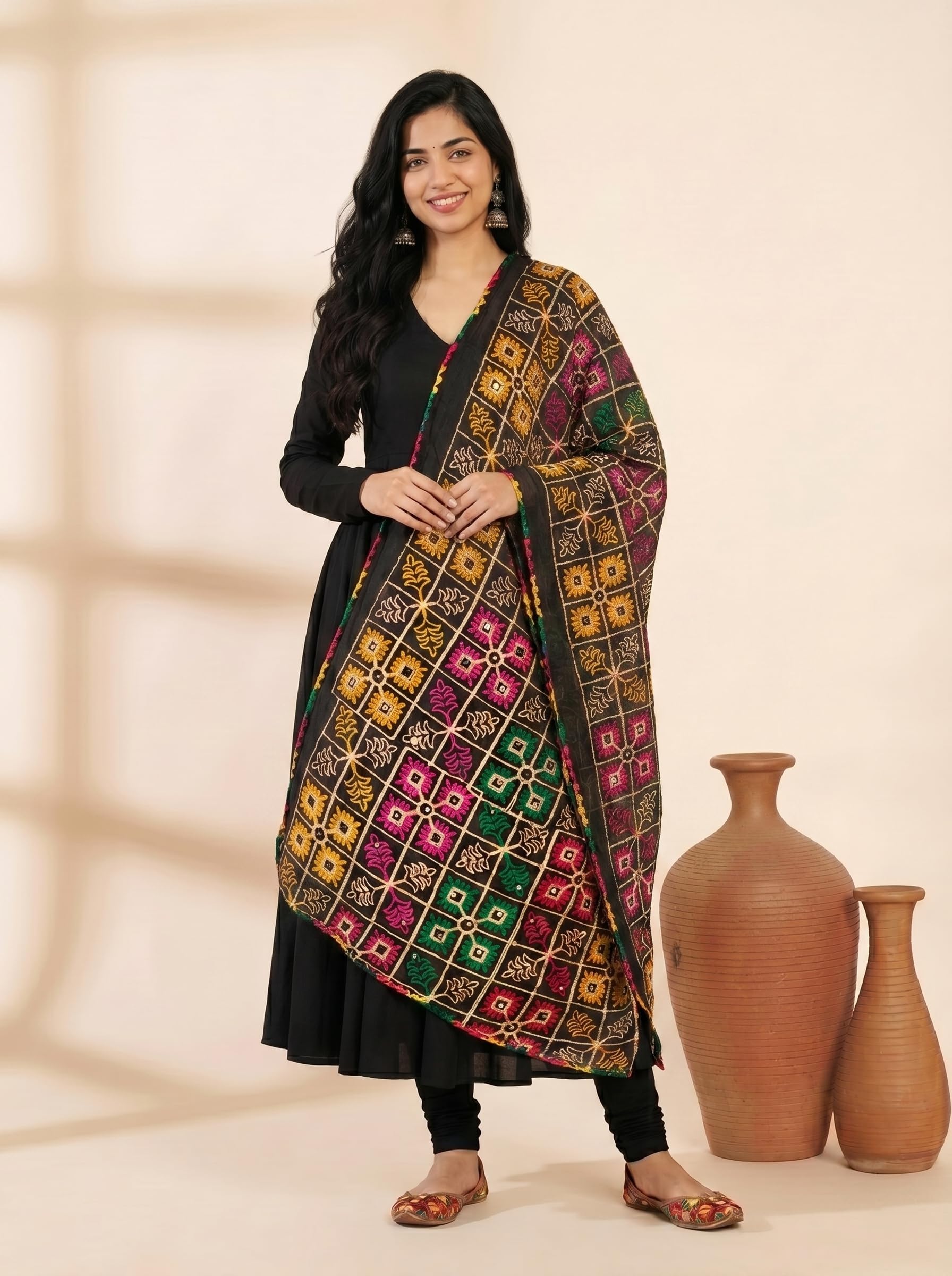 Pure Cotton Phulkari Embroidered Dupatta for Women | Black - view 2