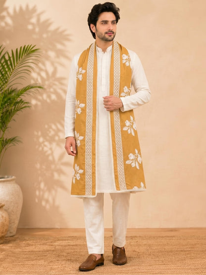 Pure Cotton Floral Embroidered Dupatta for Men | Sand Beige - view 2
