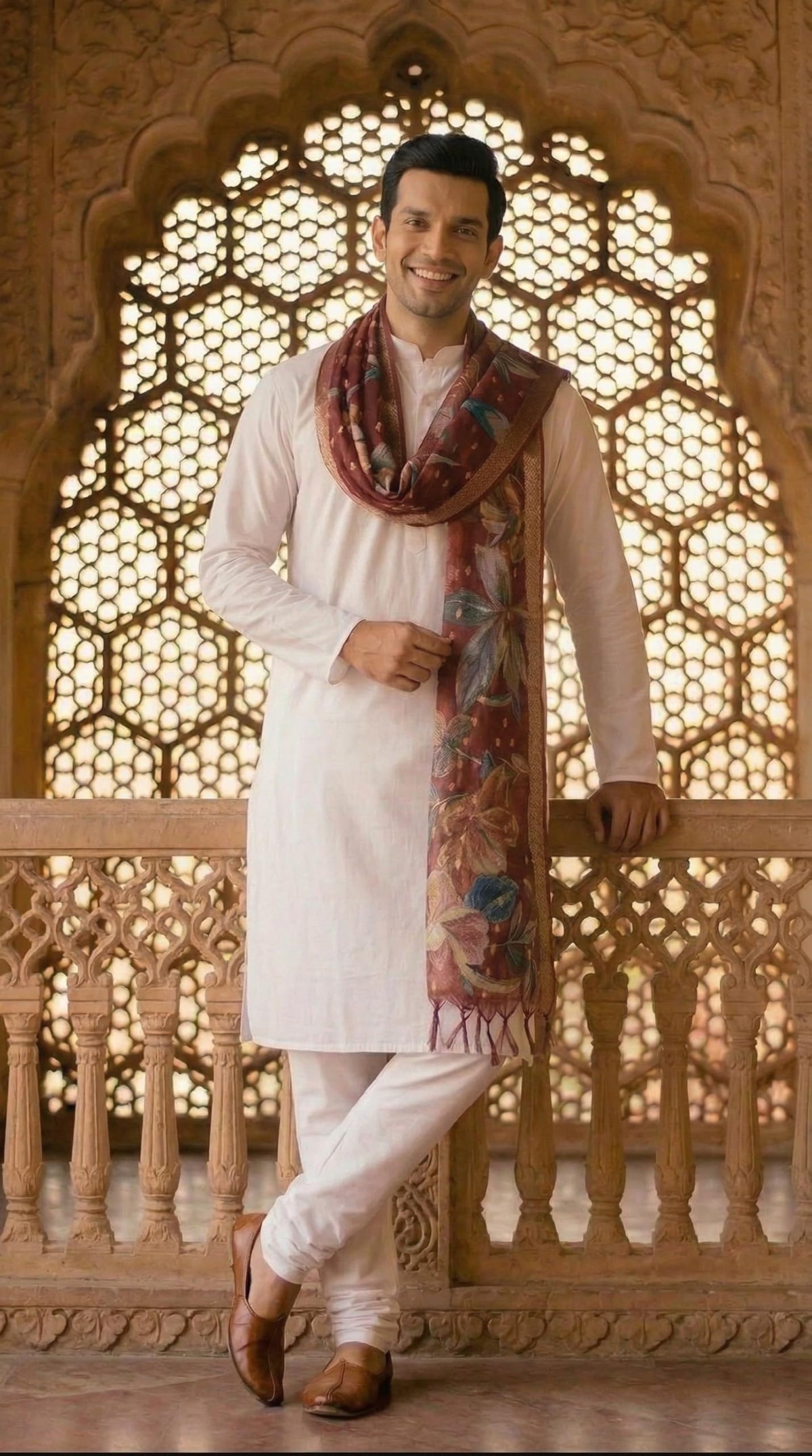 Floral Print Dupatta for Men with Zari Border | Maroon - view 2