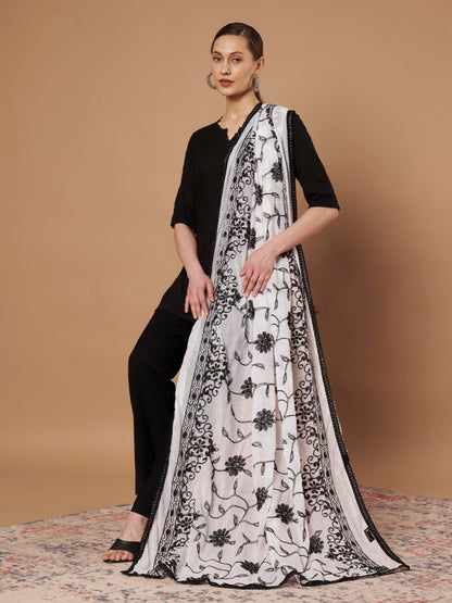 Pure Cotton Embroidery Floral Dupatta for Women | White - view 5