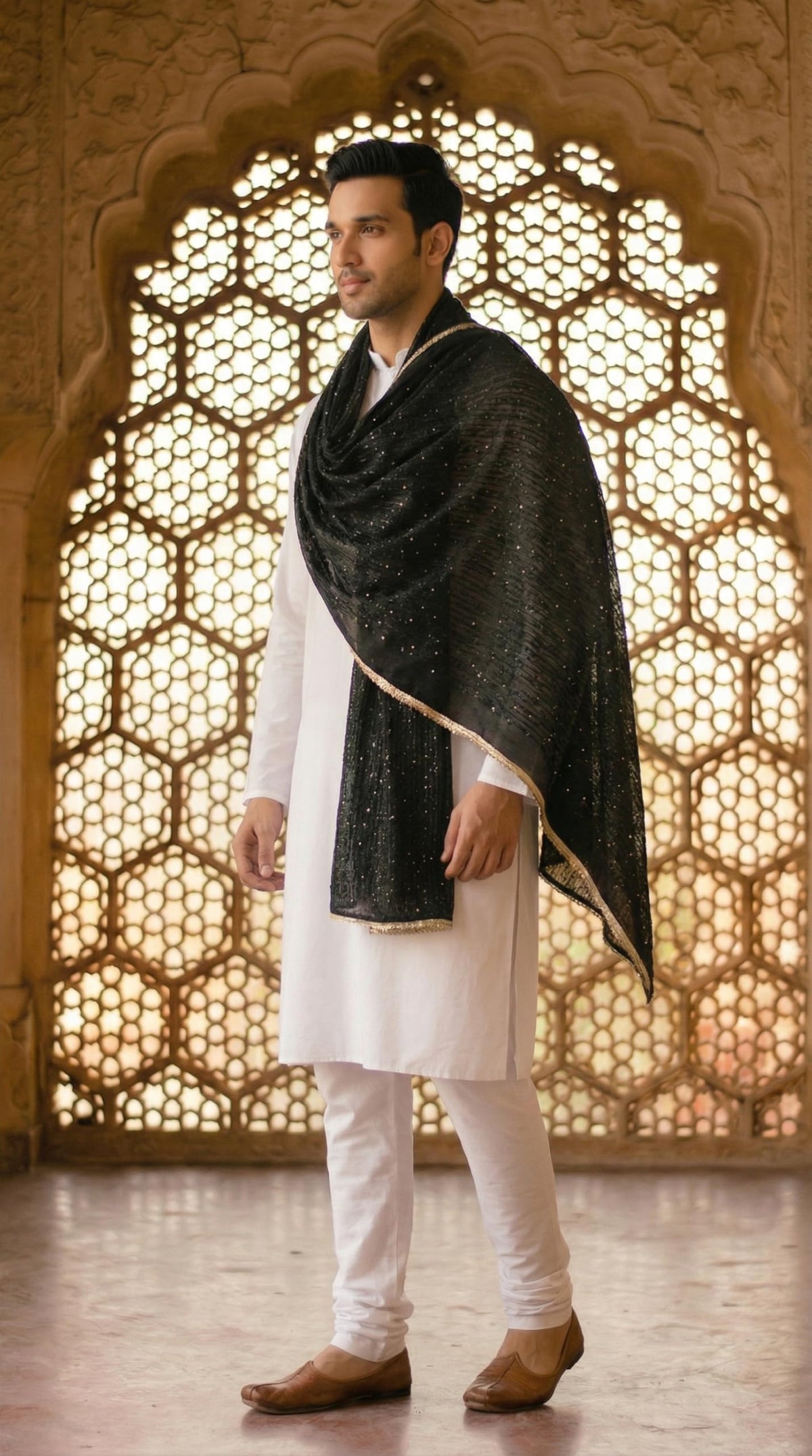 Striped Chanderi Cotton Dupatta for Men | Black