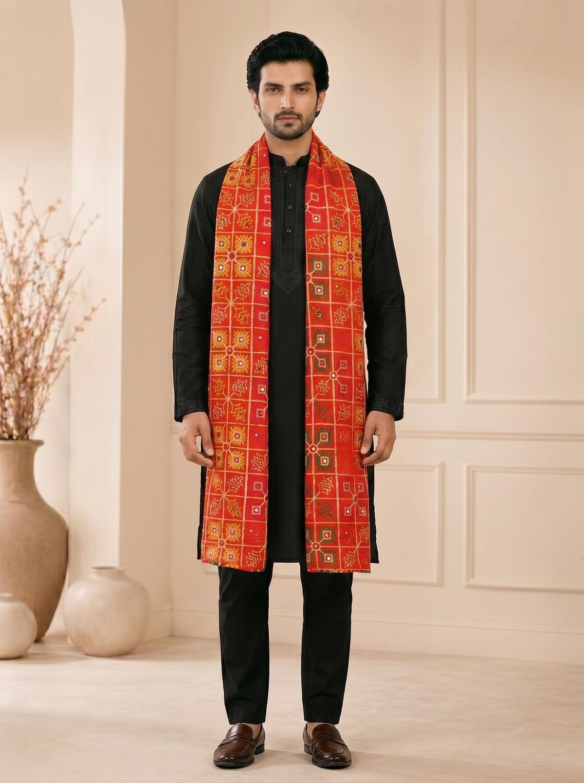 Pure Cotton Embroidered Phulkari Dupatta for Men | Red