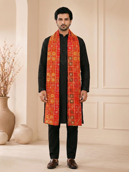 Pure Cotton Embroidered Phulkari Dupatta for Men | Red