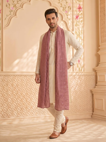 Floral Self Embroidered Chanderi Cotton Dupatta for Men | Dusty Pink - view 2