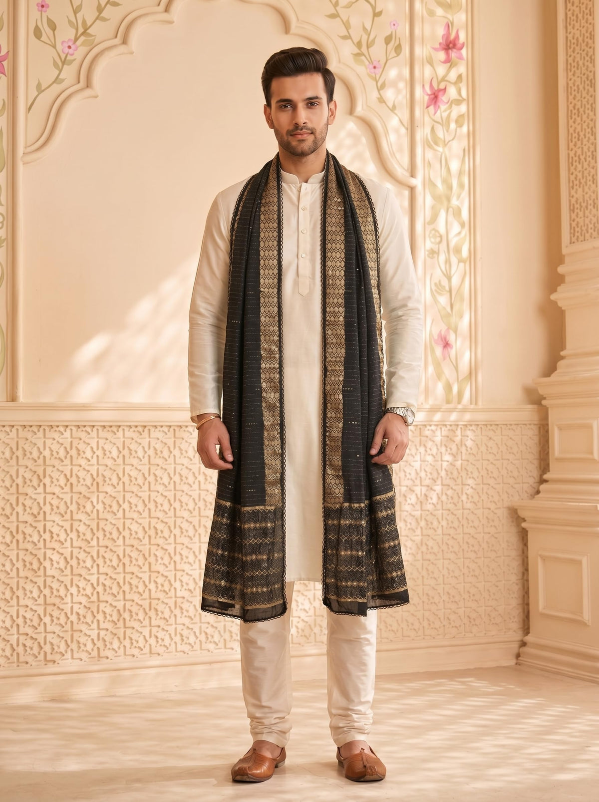 Zari Woven Chanderi Cotton Dupatta for Men | Black - view 2