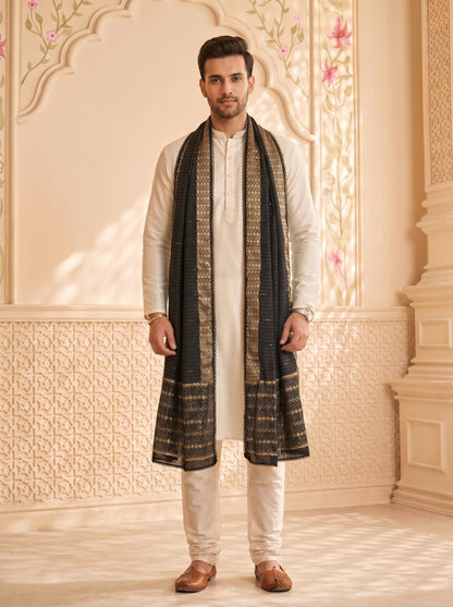 Zari Woven Chanderi Cotton Dupatta for Men | Black - view 2