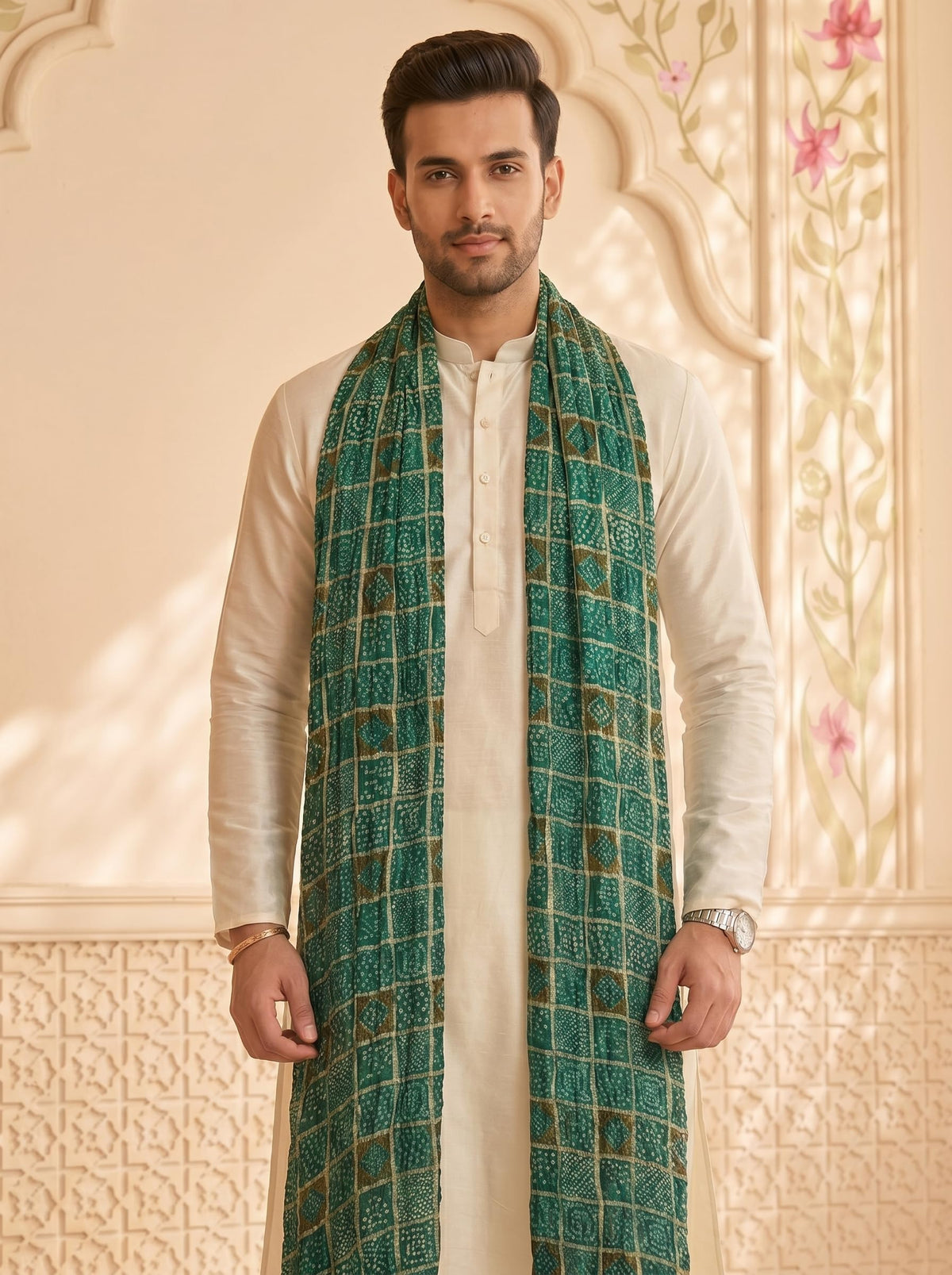 Chinnon Bandhani Dupatta for Men | Green - view 4
