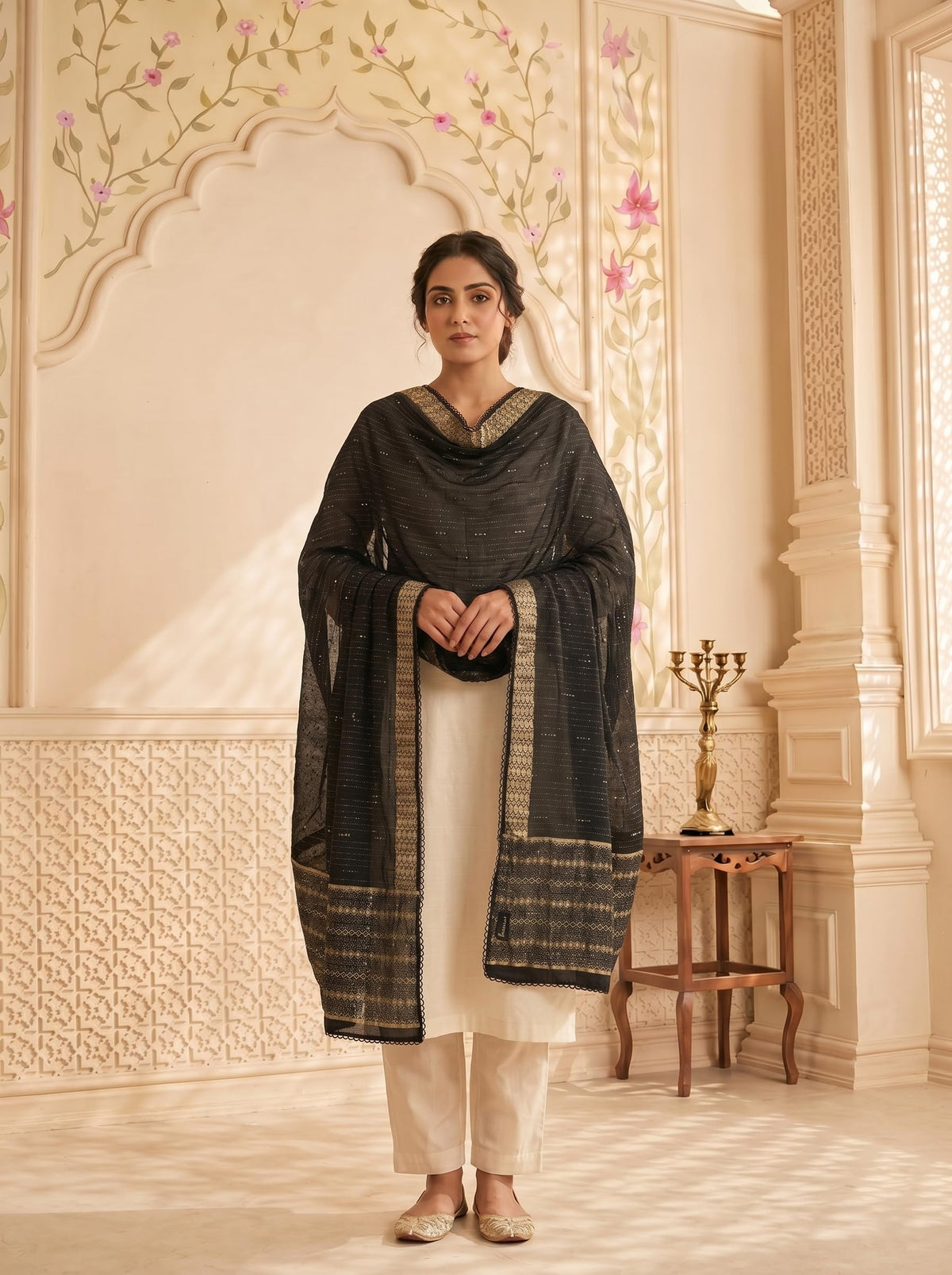 Zari Woven Chanderi Cotton Dupatta for Women | Black - view 2