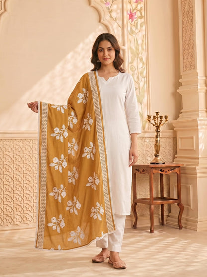 Pure Cotton Floral Embroidered Dupatta for Women | Sand Beige