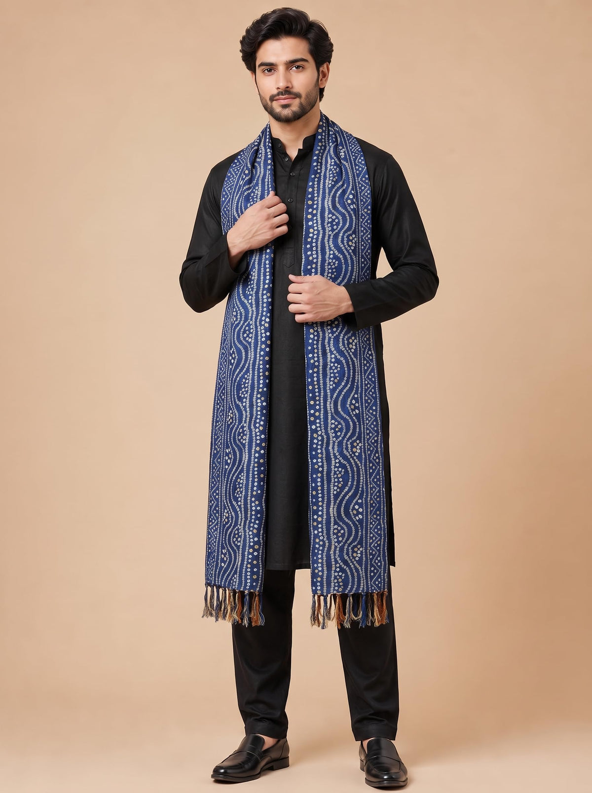 Printed Bandhani Dupatta for Men | Navy Blue