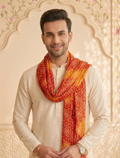 Chinnon Bandhani Dupatta for Men | Red Orange - view 5