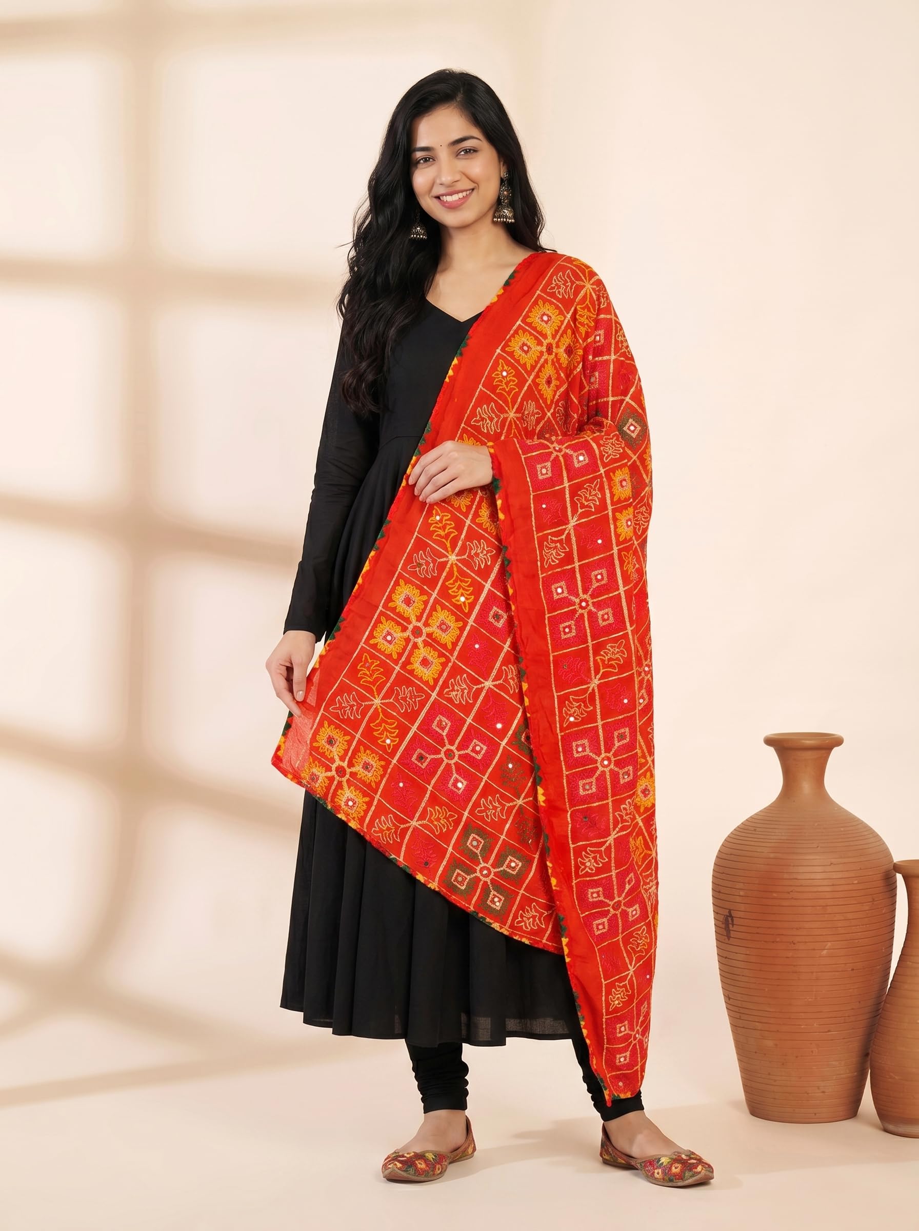 Pure Cotton Phulkari Embroidered Dupatta for Women | Red - view 3