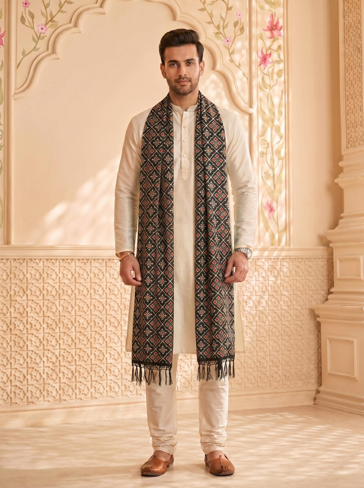 Chinnon Bandhani Dupatta for Men | Black