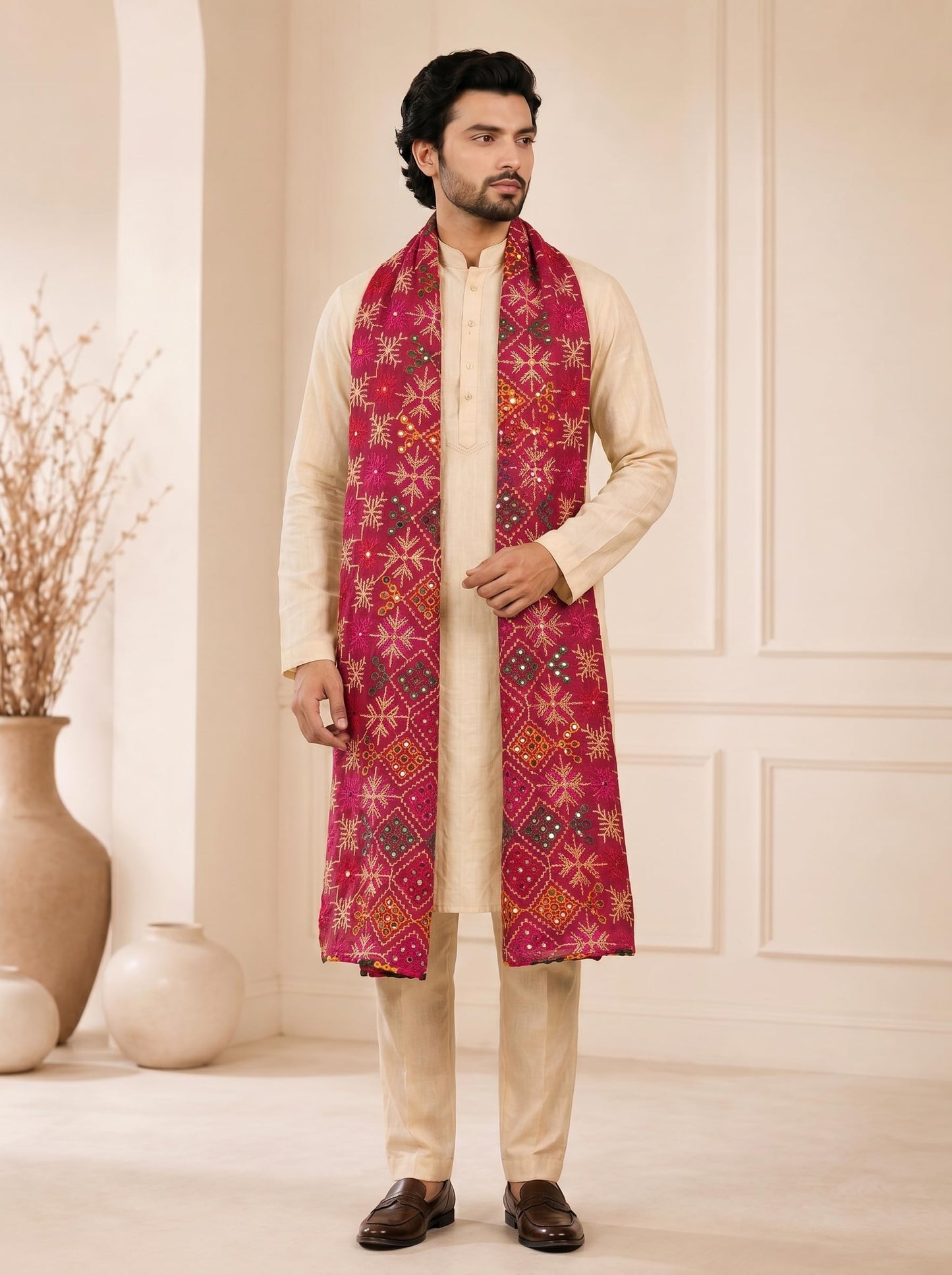 Pure Cotton Embroidered Phulkari Dupatta for Men | Pink - view 2