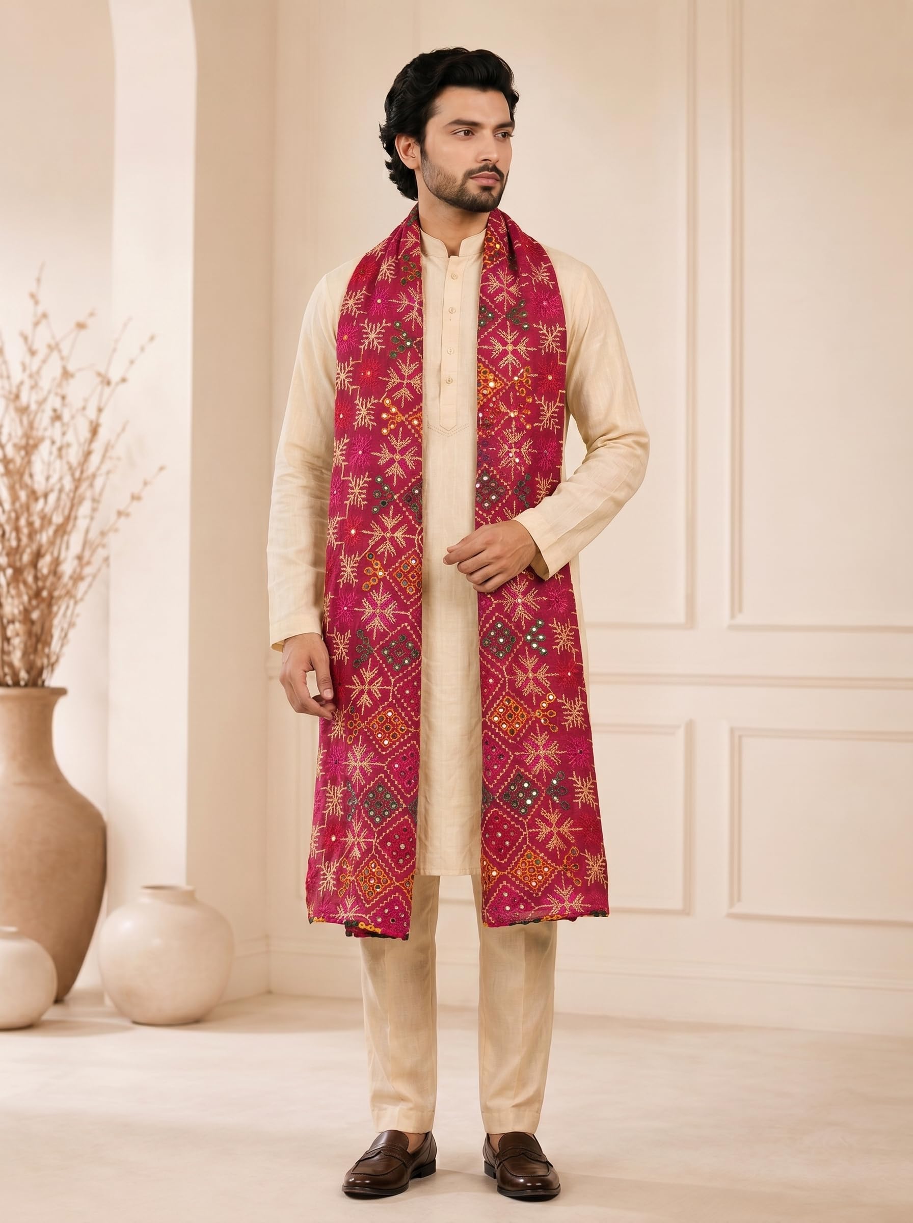 Pure Cotton Embroidered Phulkari Dupatta for Men | Pink - view 2
