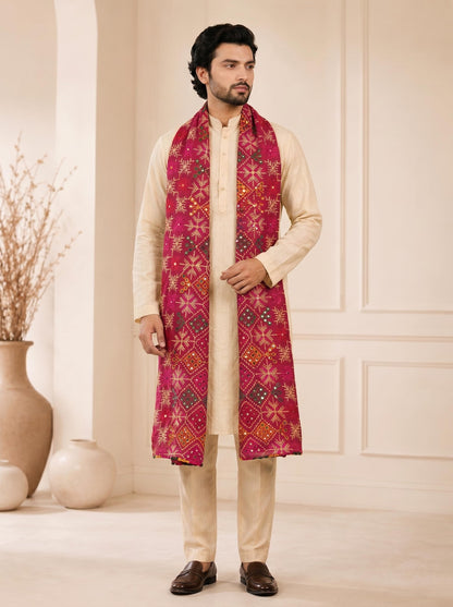 Pure Cotton Embroidered Phulkari Dupatta for Men | Pink - view 2
