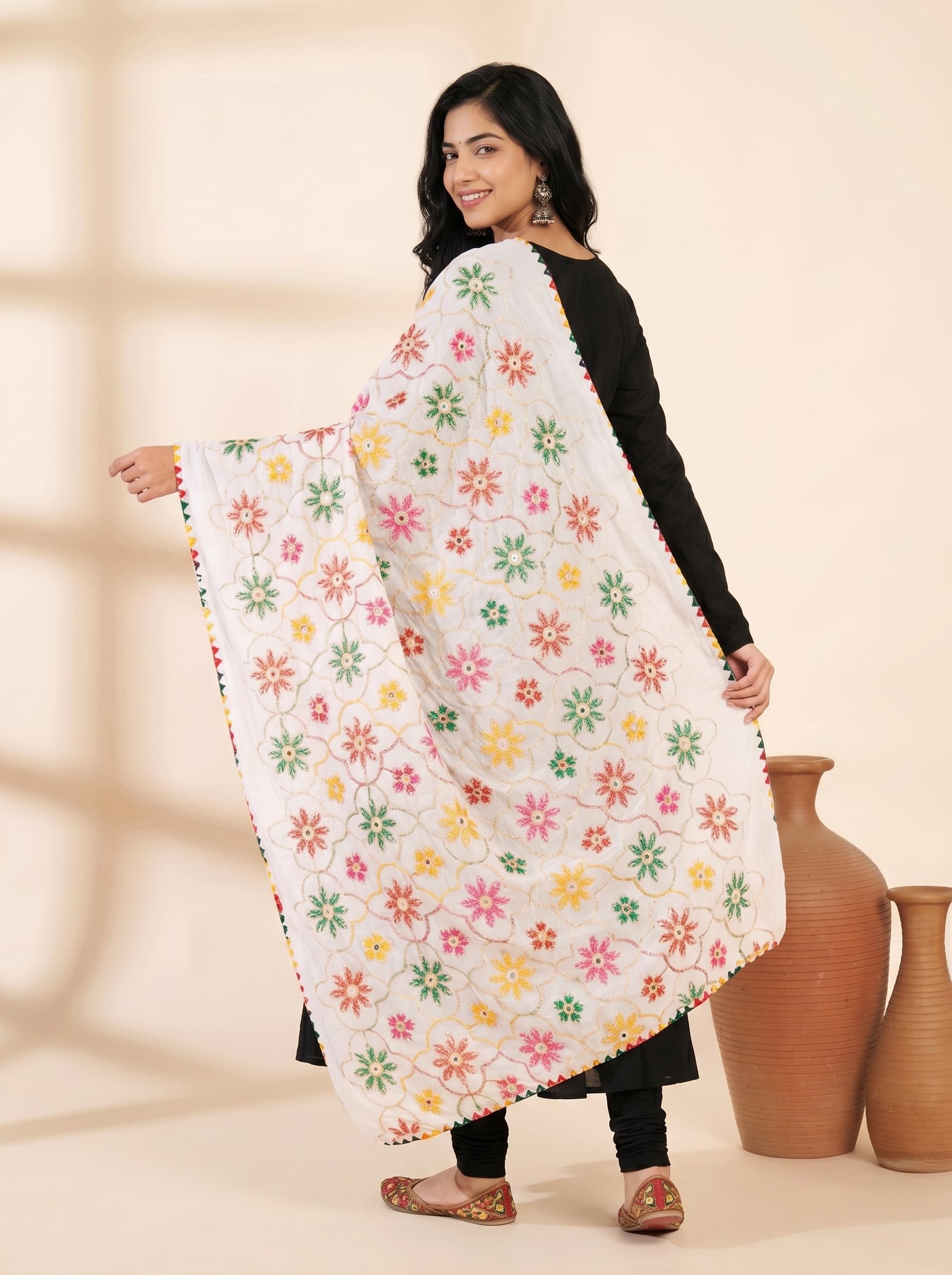 Pure Cotton Phulkari Embroidered Dupatta for Women | White - view 2