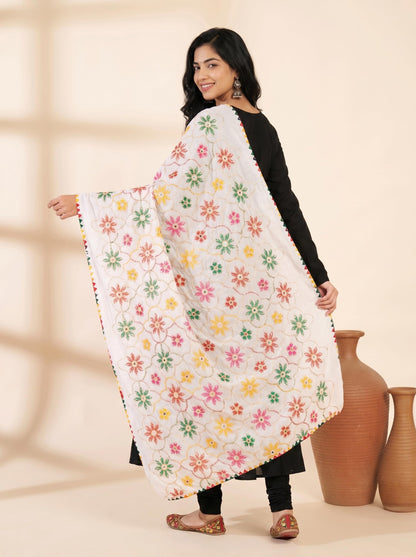 Pure Cotton Phulkari Embroidered Dupatta for Women | White - view 2