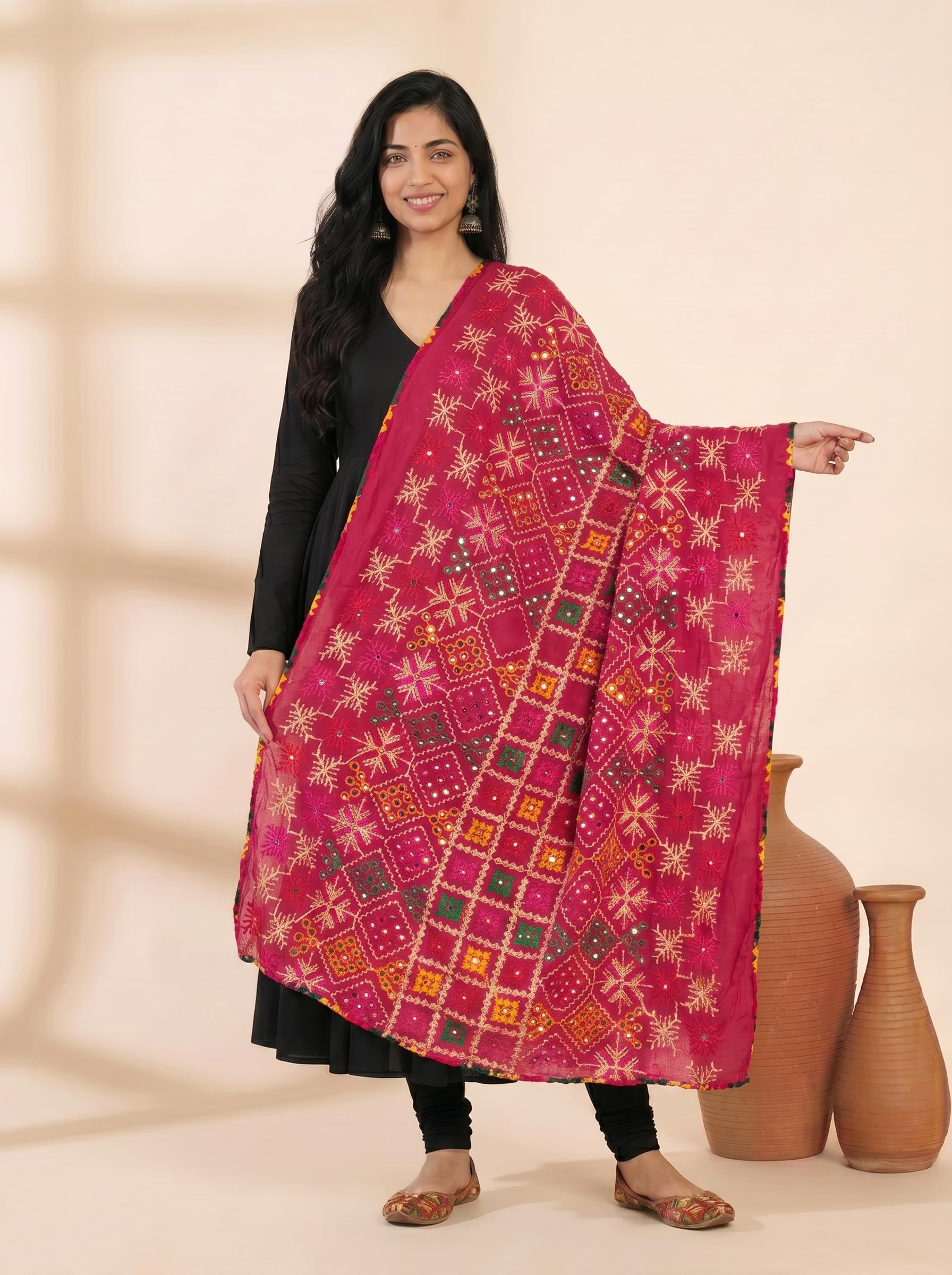 Pure Cotton Phulkari Embroidered Dupatta for Women | Pink