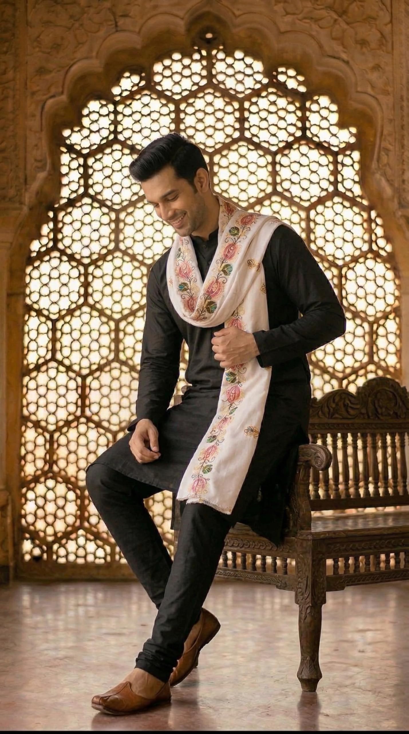 Rayon Floral Embroidery Dupatta for Men | White - view 4