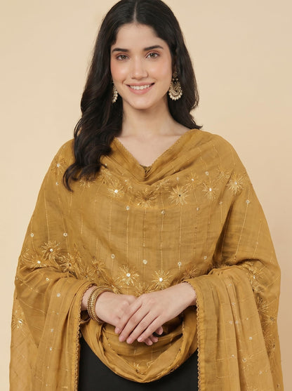 Floral Self Embroidered Chanderi Cotton Dupatta for Women | Sand Beige - view 6
