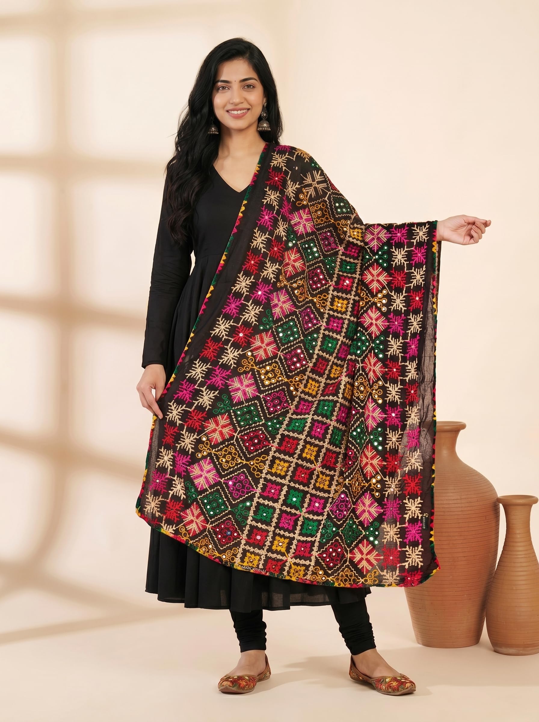 Pure Cotton Phulkari Embroidered Dupatta for Women | Black