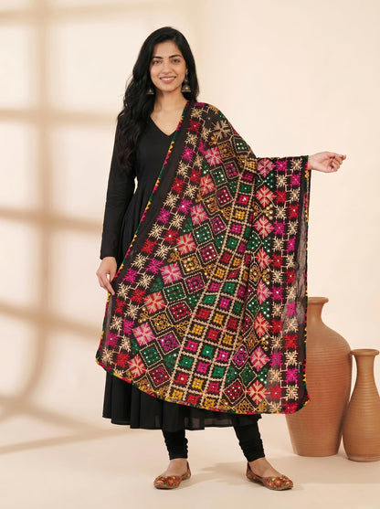 Pure Cotton Phulkari Embroidered Dupatta for Women | Black
