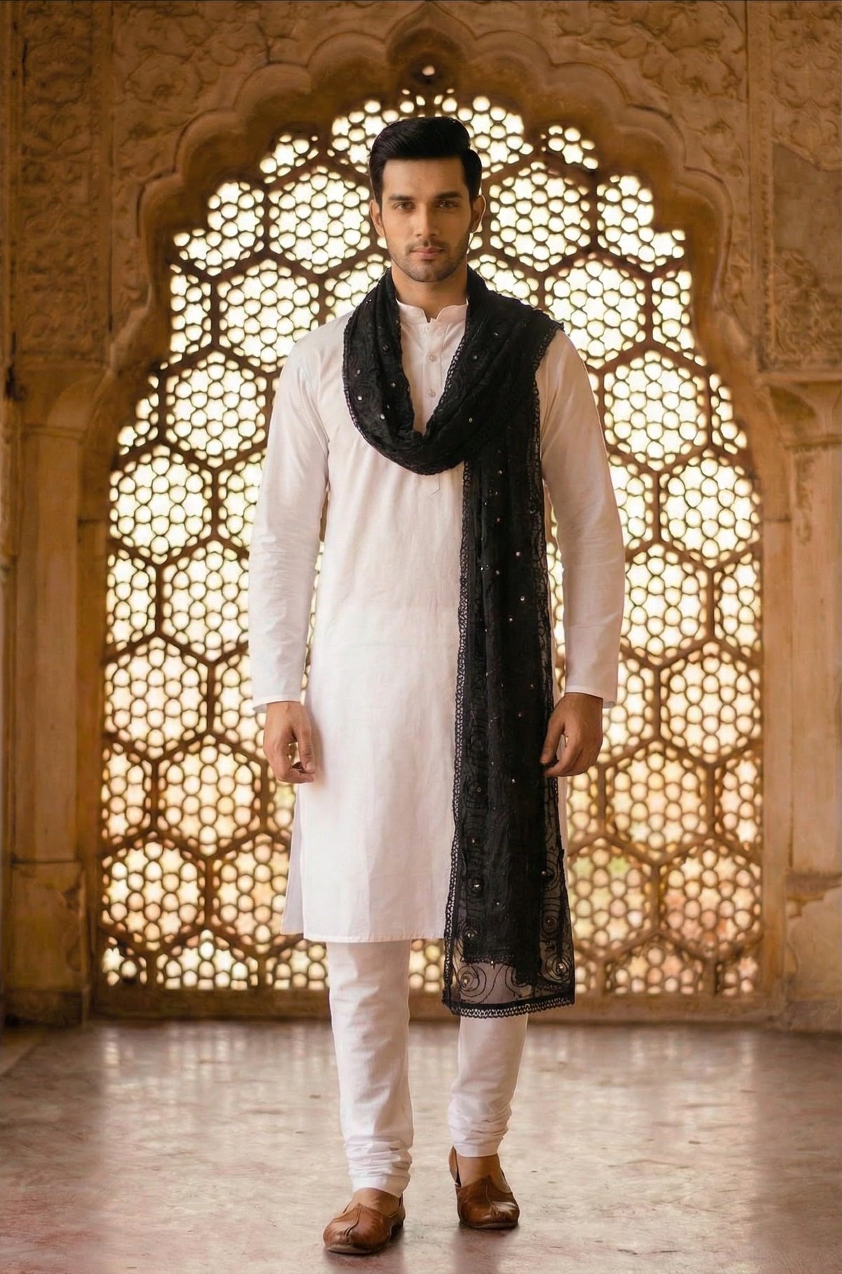 Pure Cotton Ethnic Dupatta for Men | Black - view 2