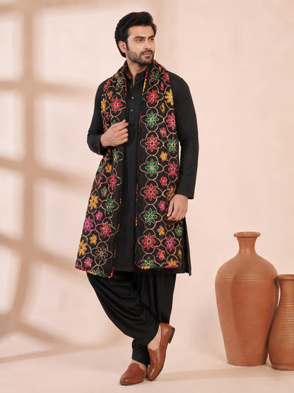 Pure Cotton Embroidered Phulkari Dupatta for Men | Black - view 2