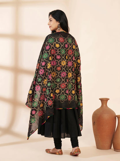 Pure Cotton Phulkari Embroidered Dupatta for Women | Black - view 2
